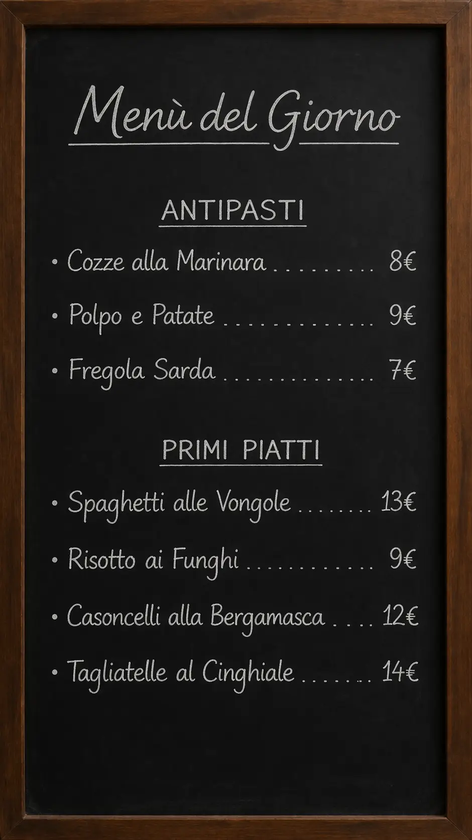 Lavagna reale con menù del giorno scritto a mano